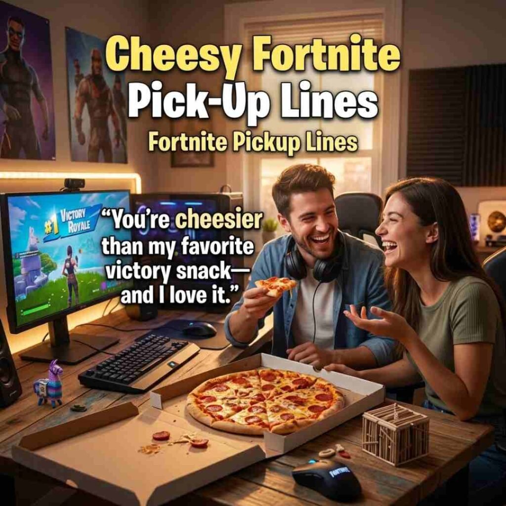 Cozy gaming room with pizza, smiling gamers, and Fortnite pickup lines in a realistic photography-style blog image.
