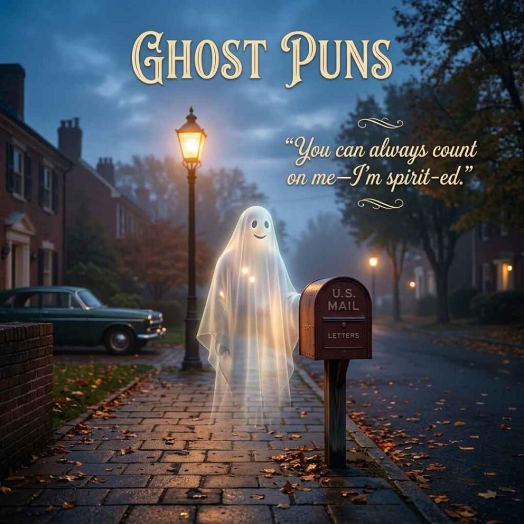 A realistic street scene with a ghost and vintage mailbox showcasing Ghost Puns one-liners and a playful spirit-themed joke.