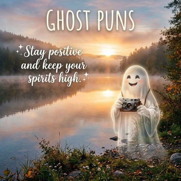 Share-worthy Ghost Puns image featuring a cheerful ghost by a sunrise lake with an uplifting spirit-themed message.