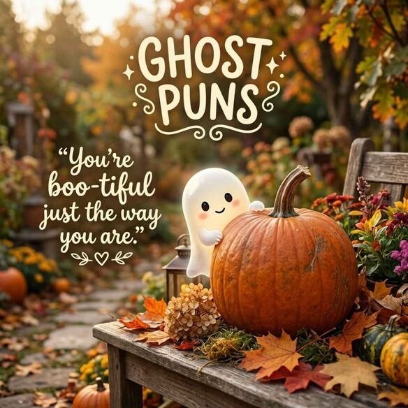 Cute Ghost Puns image with an adorable ghost beside a pumpkin and a sweet “boo-tiful” message in a realistic autumn setting.