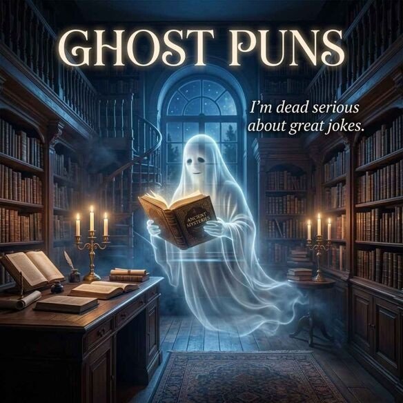 A realistic haunted library image featuring Ghost Puns and a classic one-liner about being dead serious for laughs.