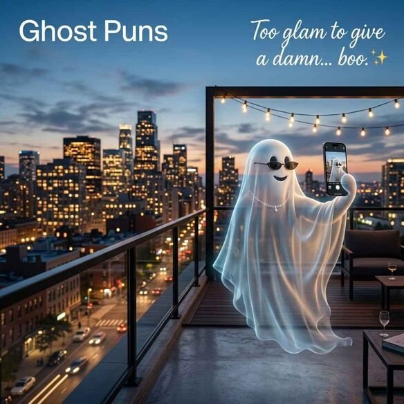 Witty social media Ghost Puns image showing a fashionable ghost on a city rooftop with a humorous caption.