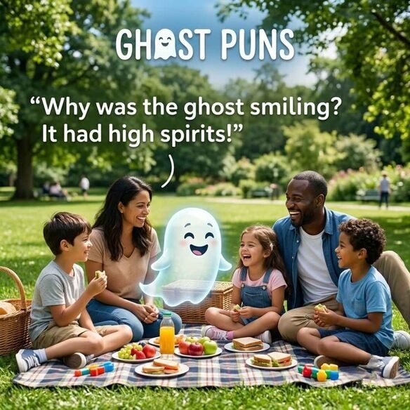 Family-friendly Ghost Puns image featuring a happy ghost at a park picnic with a clean and wholesome joke.
