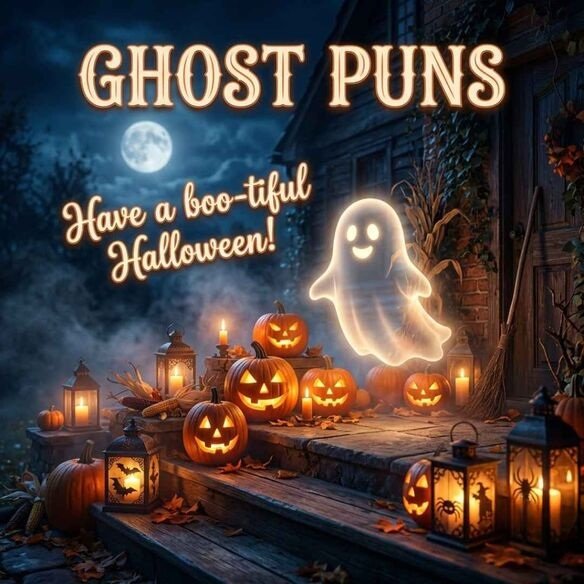 Halloween-themed Ghost Puns image with glowing pumpkins, a friendly ghost, and a festive spooky-season greeting.