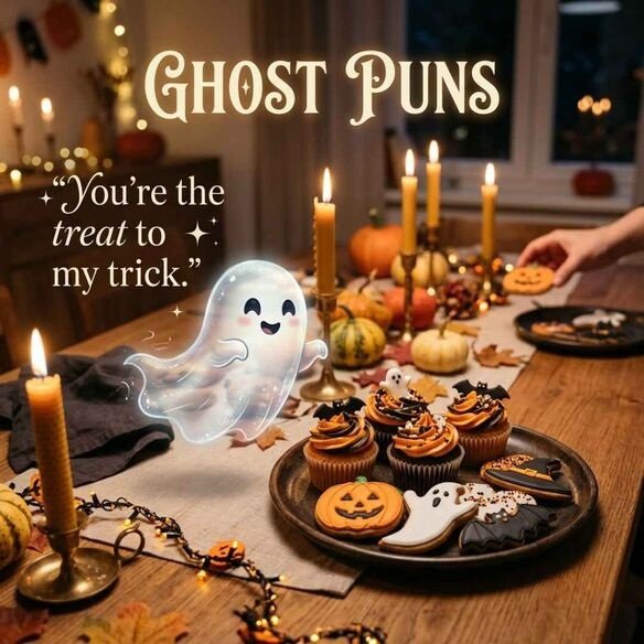 Food-themed Ghost Puns image showing a friendly ghost at a festive dessert table with a playful treat-themed pun.