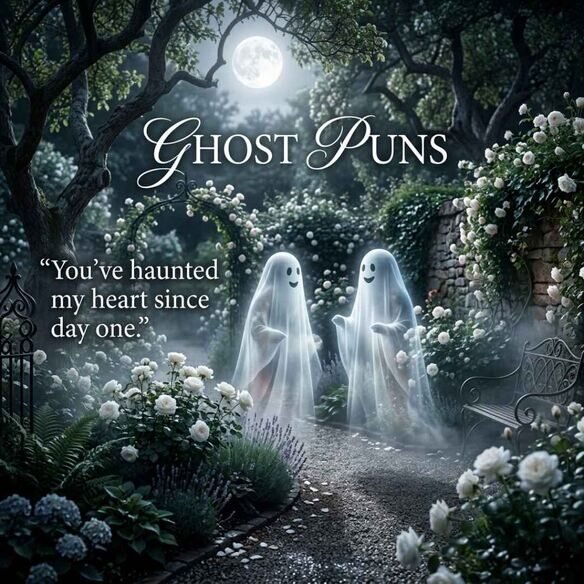 Romantic Ghost Puns image showing two friendly ghosts in a moonlit rose garden with a sweet ghost-themed pickup line.