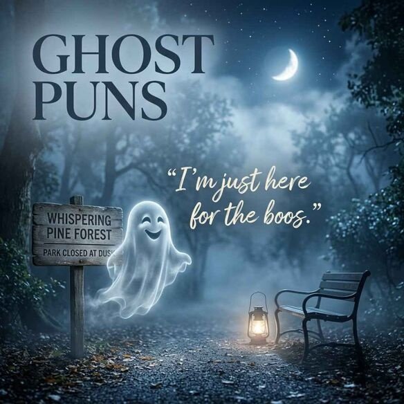 Ghost Puns image featuring a friendly ghost in a moonlit park with the caption “I’m just here for the boos,” designed in a realistic photography style.