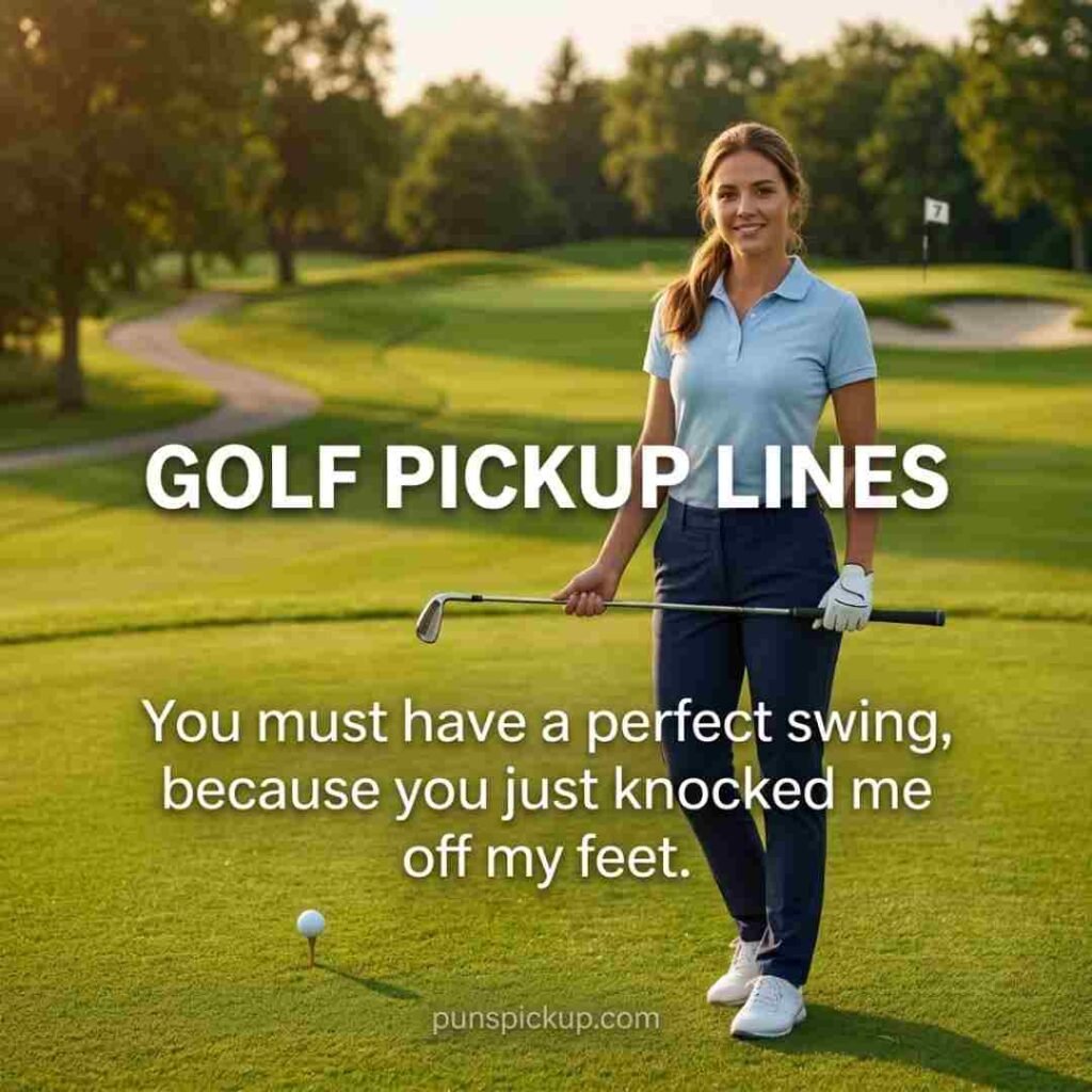 A confident golfer on a championship-style course with a polished pickup line and Golf Pickup Lines text in a premium blog image.
