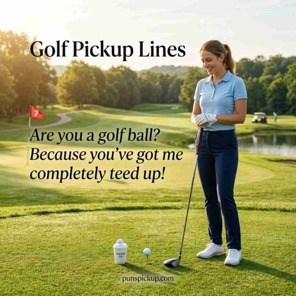 Golf Pickup Lines featuring a playful golfer on a sunny course with a humorous golf-ball scene and a funny teed-up pickup line.