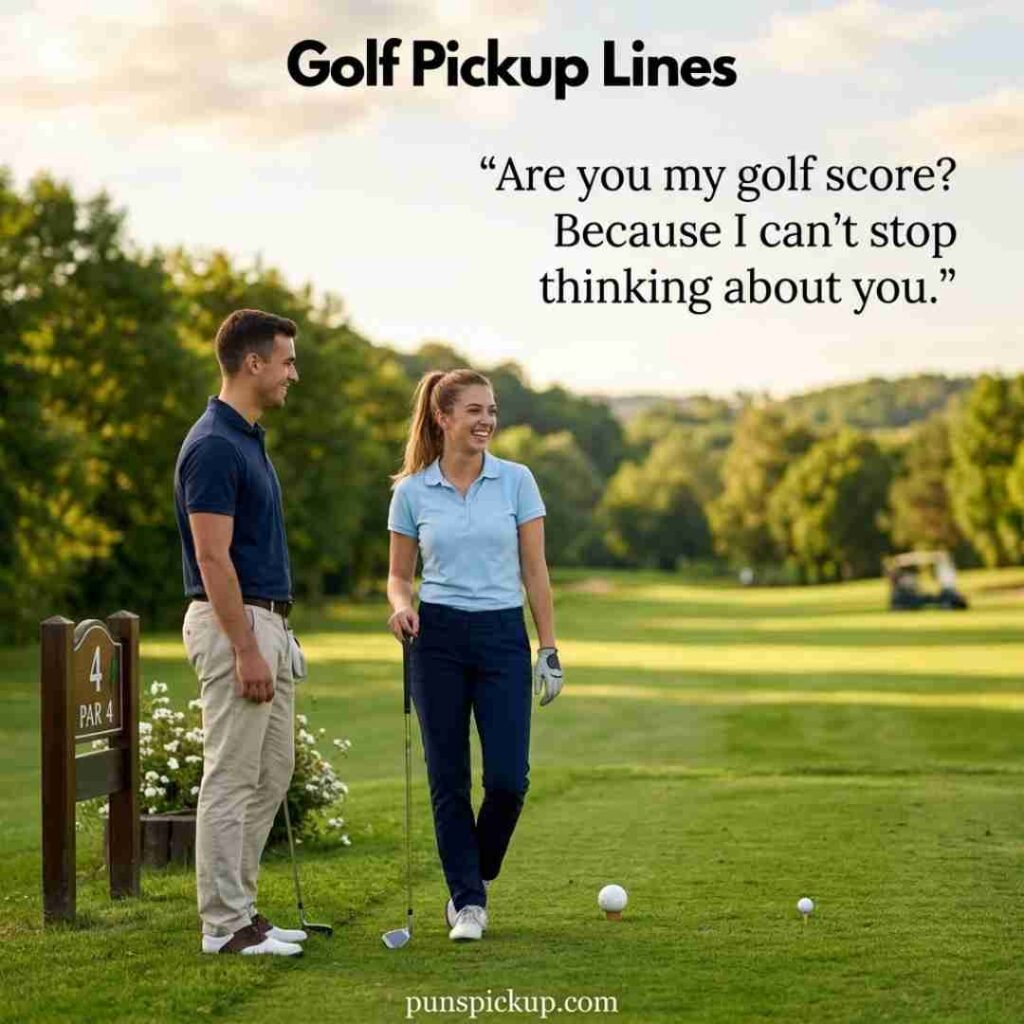Cheesy Golf Pickup Lines shown with two smiling adult golfers, a golf ball, tee box, and playful pickup message in a sunny course setting.