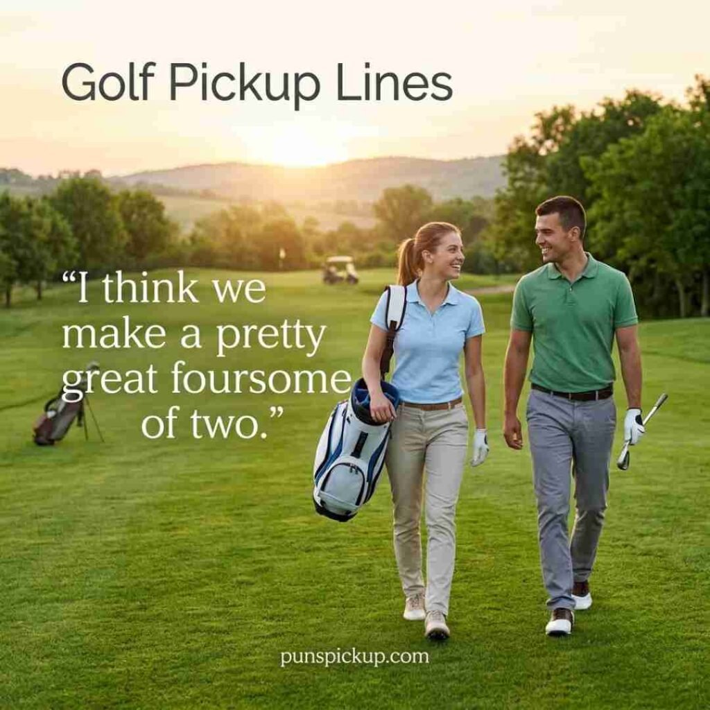 Two smiling adult golfers walking together on a sunlit fairway with a cute pickup message, with Golf Pickup Lines naturally integrated into the design.