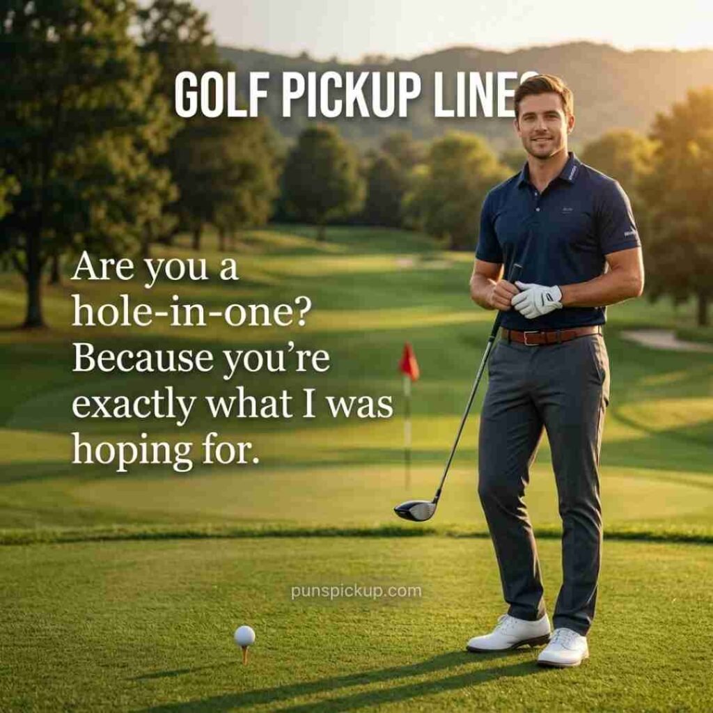 A male golfer on a golden-hour course with a hole-in-one pickup message and stylish Golf Pickup Lines text.
