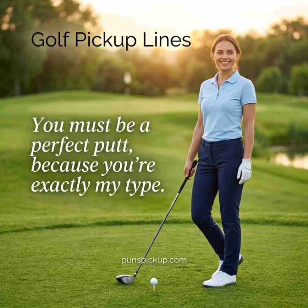 A smiling female golfer on a scenic course with a playful putting pickup message, while Golf Pickup Lines appears prominently in the design.