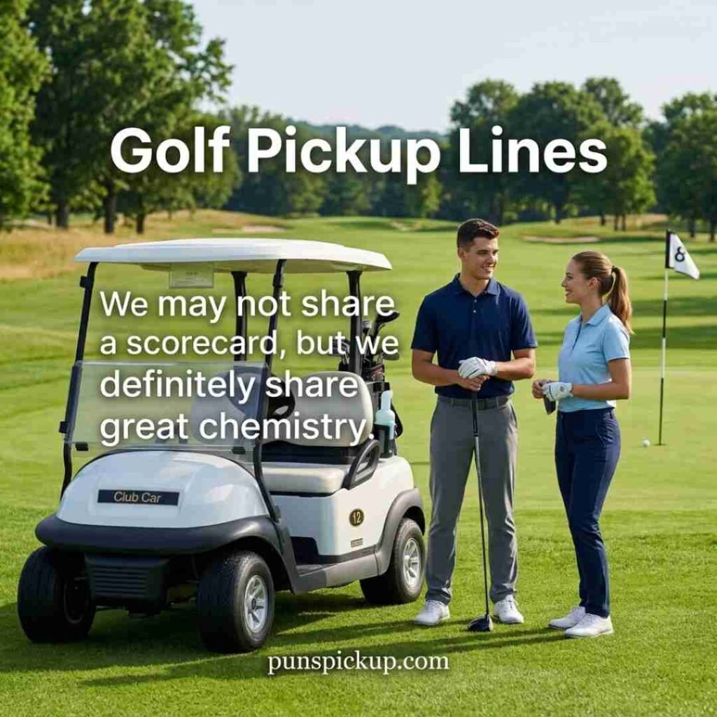 Clean golf-themed pickup message between two adult golfers on a sunny fairway, with Golf Pickup Lines displayed in modern typography.