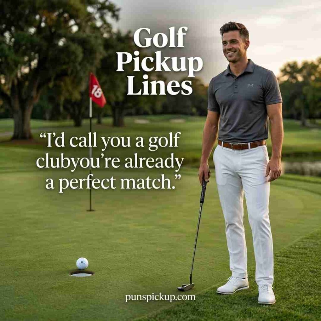 Witty golf-themed pickup message beside a putting green and flagstick, with Golf Pickup Lines featured in the upper portion of the image.
