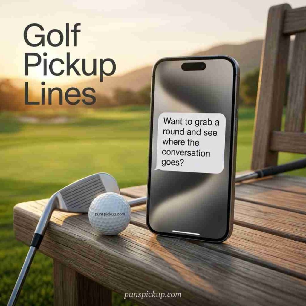 A smartphone beside golf equipment displays a playful golf text message, with Golf Pickup Lines integrated into a realistic lifestyle image.