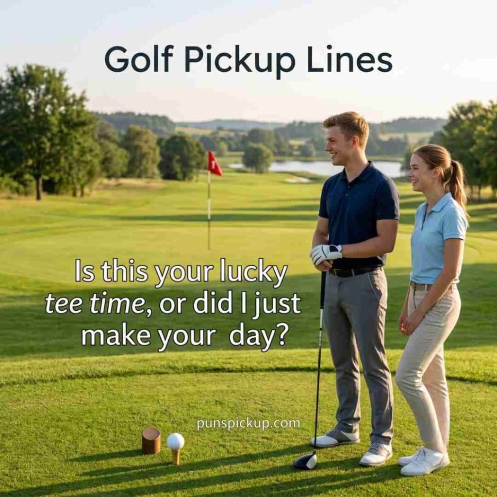 Two adult golfers chatting at the first tee with a playful course-themed message, while the phrase Golf Pickup Lines appears prominently in the image.
