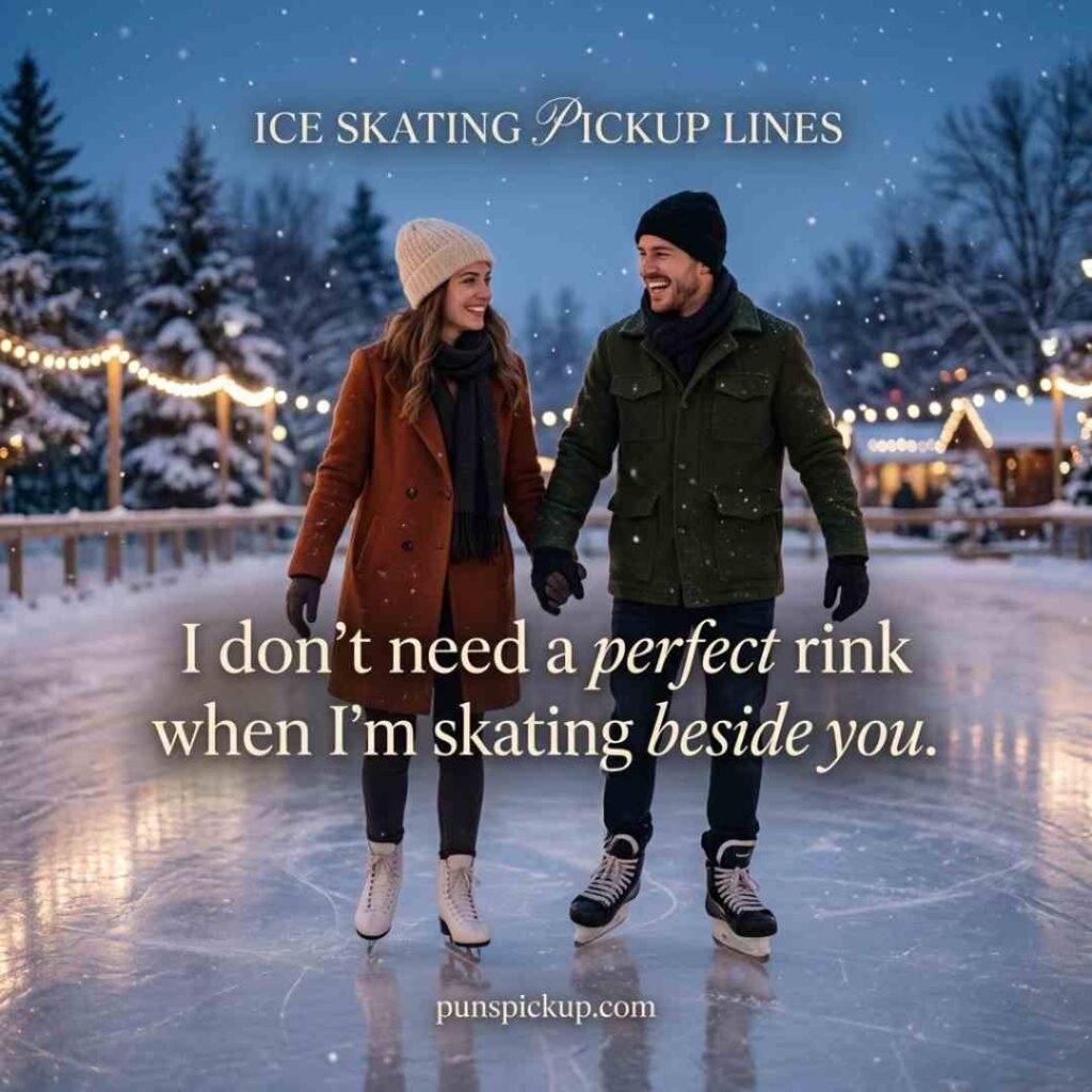 Romantic ice skating pickup lines shown with a couple skating together at a softly illuminated winter rink and an elegant romantic message.