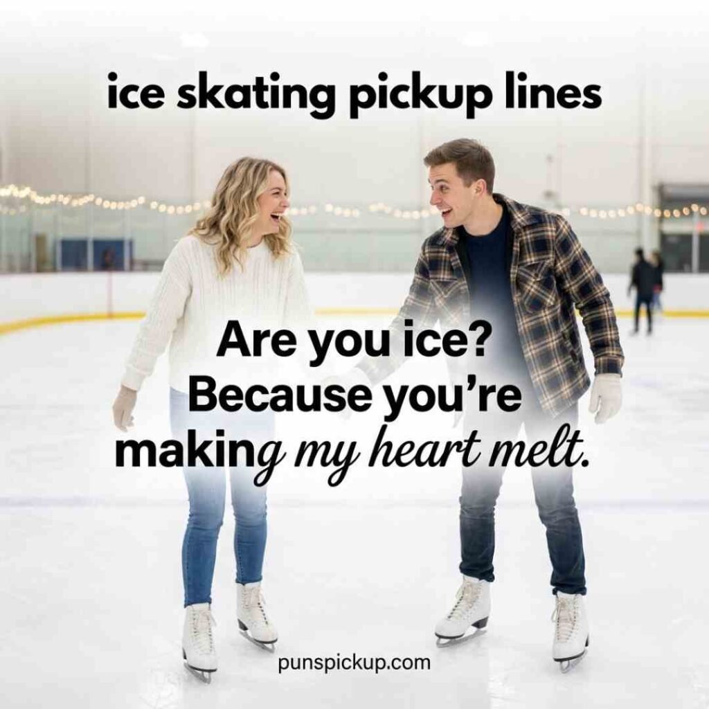 Cheesy ice skating pickup lines shown with a charming skater offering a hand on a bright ice rink and a playful heart-melting message.