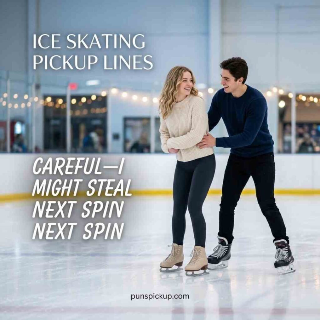 Playful ice skating pickup lines featuring two smiling skaters with a cheeky but family-friendly skating message on a bright rink.