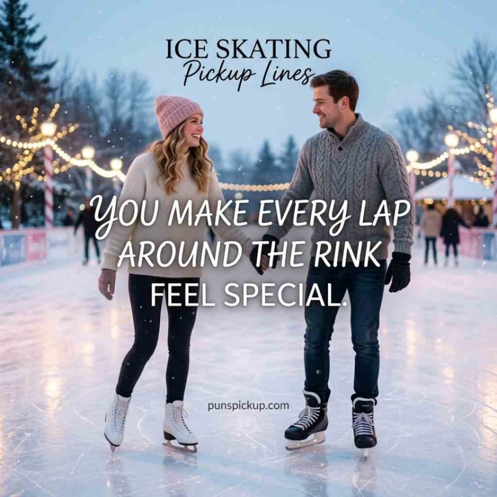 Cute ice skating pickup lines featuring a shy smiling couple holding hands on a softly lit rink with a sweet romantic message.