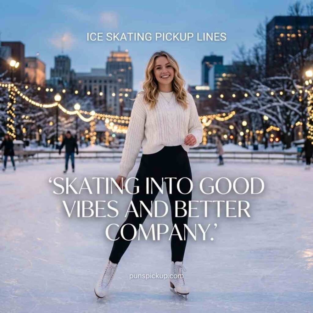 Instagram-ready ice skating pickup lines with a stylish skater on a glowing winter rink and a short skating caption in modern typography.