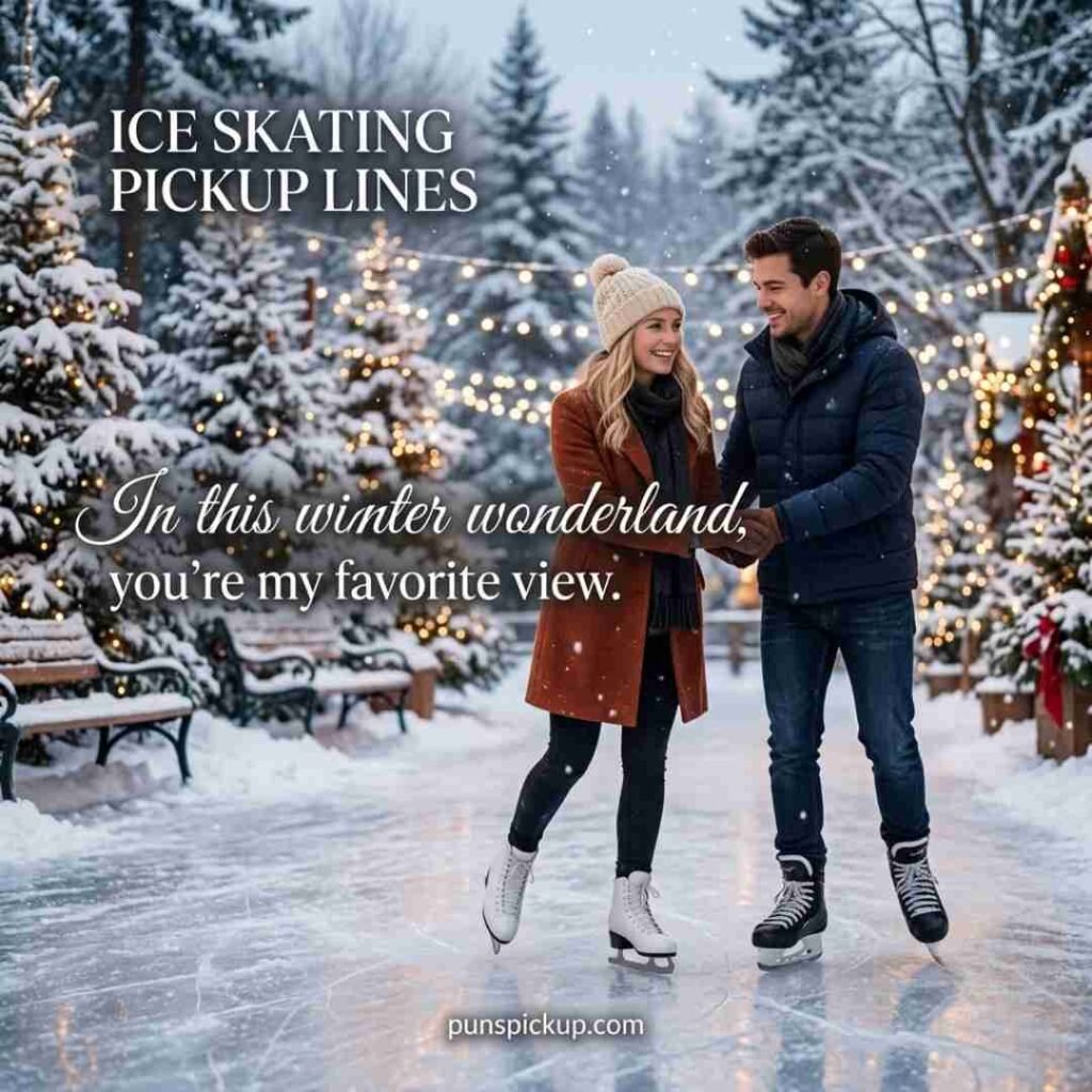Winter wonderland ice skating pickup lines featuring a couple skating through falling snow, glowing lights, and a romantic winter message.