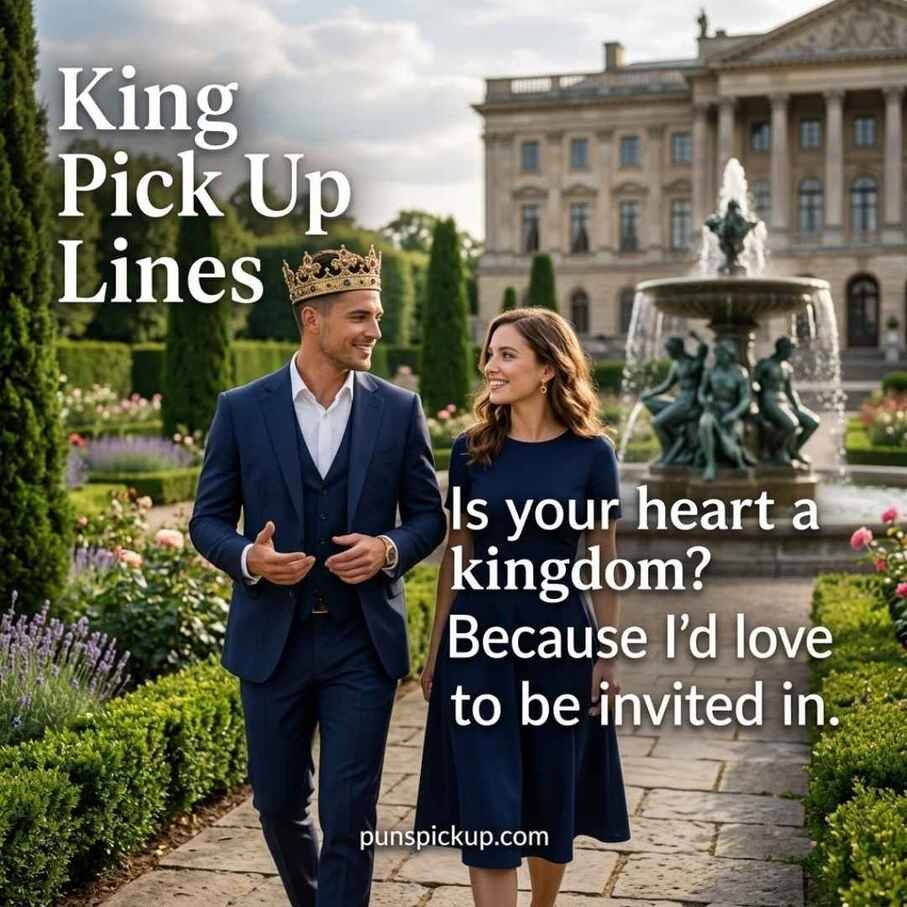 A crowned king walking through a palace garden with a woman, featuring King Pick Up Lines for a royal romantic theme.