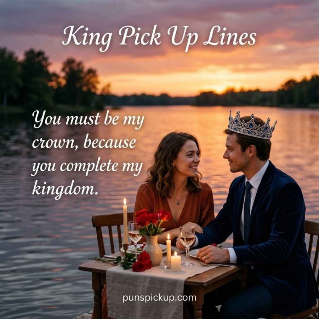 Romantic King Pick Up Lines scene showing a crowned king sharing a candlelit lakeside dinner with a woman.