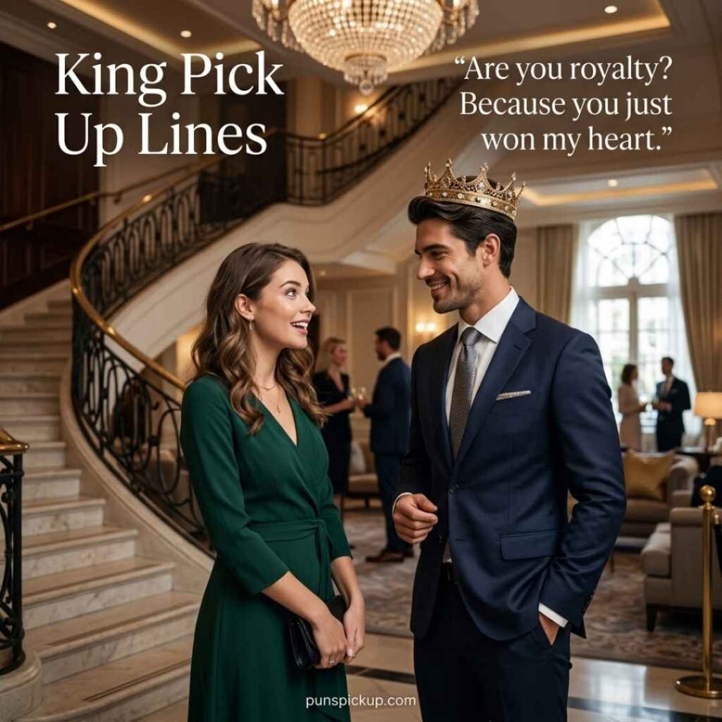 King Pick Up Lines featuring a modern king wearing a gold crown while charming a woman in a luxury hotel.