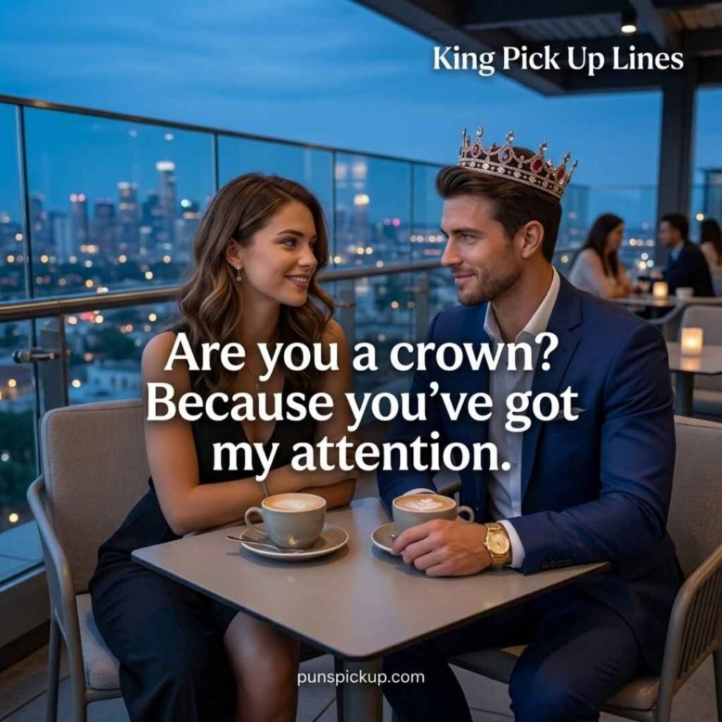 A crowned modern king flirting at a rooftop cafe with King Pick Up Lines displayed in elegant text.