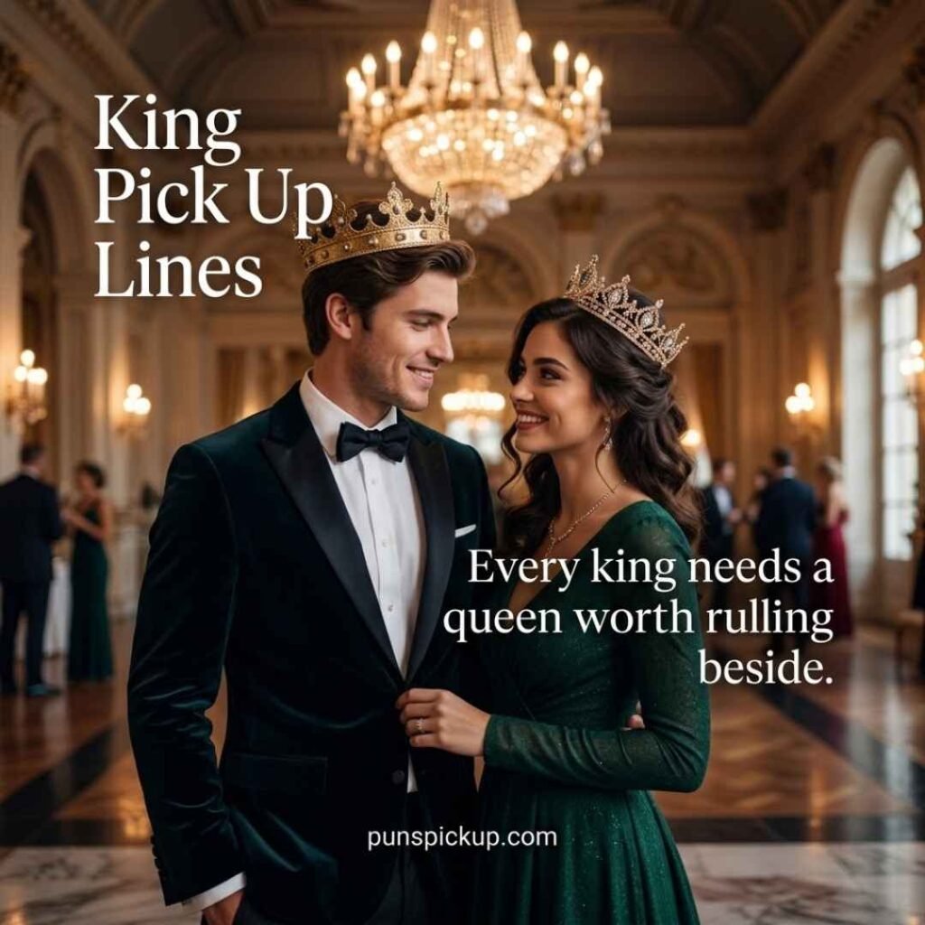 A crowned king and queen at an elegant ballroom event featuring King Pick Up Lines and romantic chemistry.