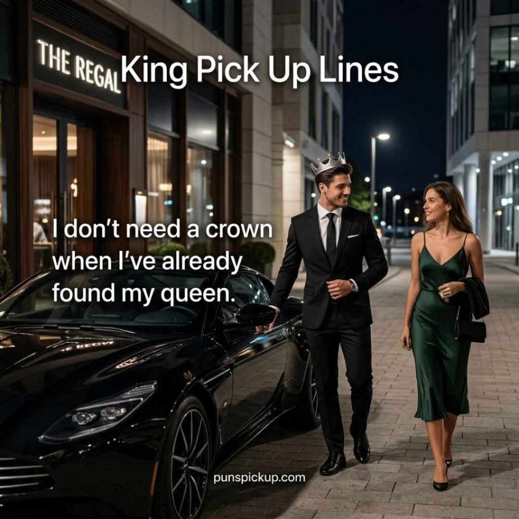 A stylish crowned king beside a luxury car demonstrates smooth King Pick Up Lines for confident flirting.