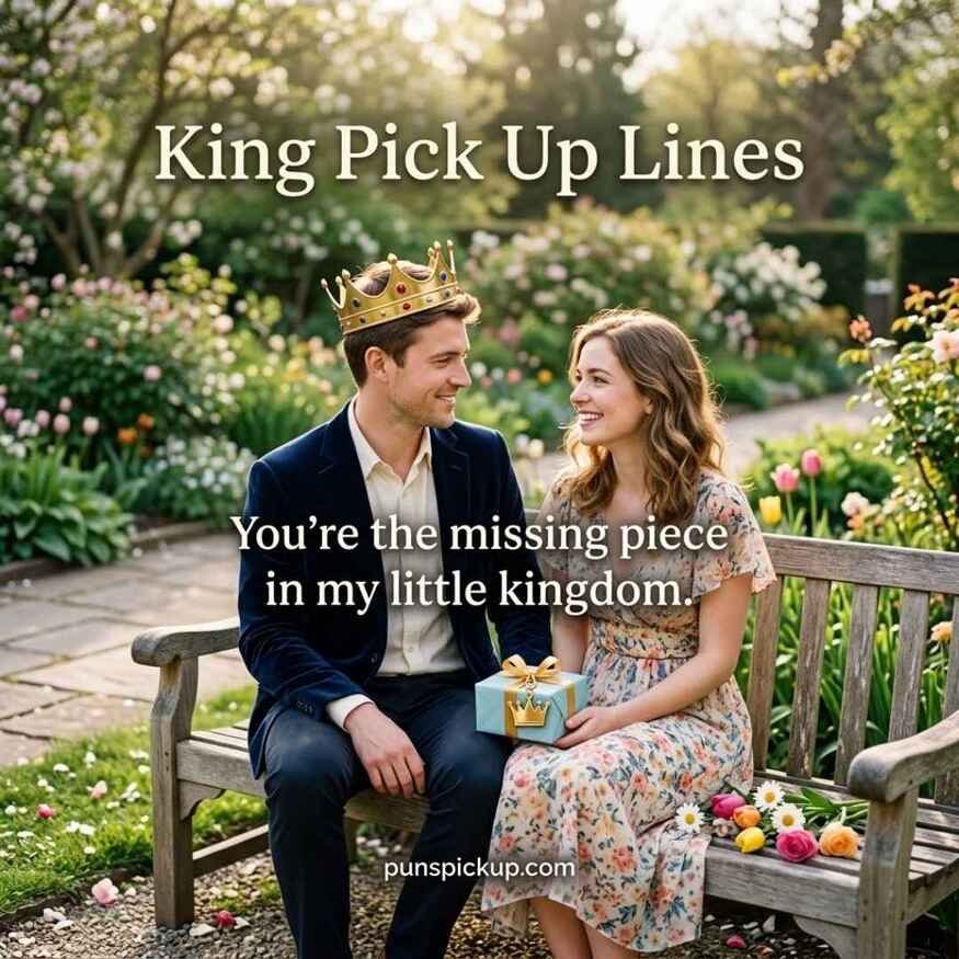 Cute crowned king sharing a sweet moment with a woman in a garden using King Pick Up Lines.