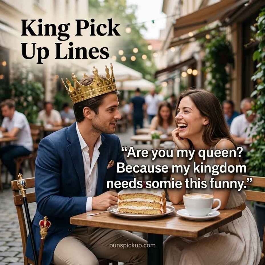 Funny King Pick Up Lines showing a crowned king making a woman laugh at an outdoor cafe.