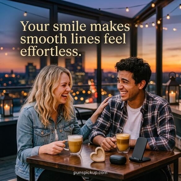 Smooth kissing rizz one liners displayed over an elegant sunset café scene with city lights and refined typography.