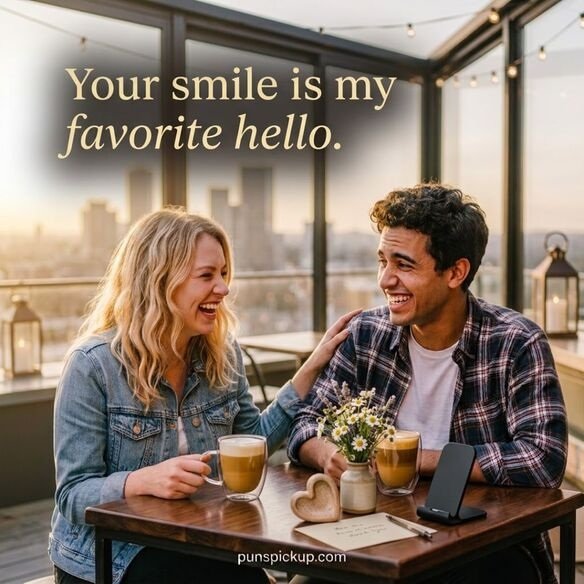 Short and sweet kissing rizz lines with a cozy coffee table, flowers, soft sunlight, and a charming flirty message.
