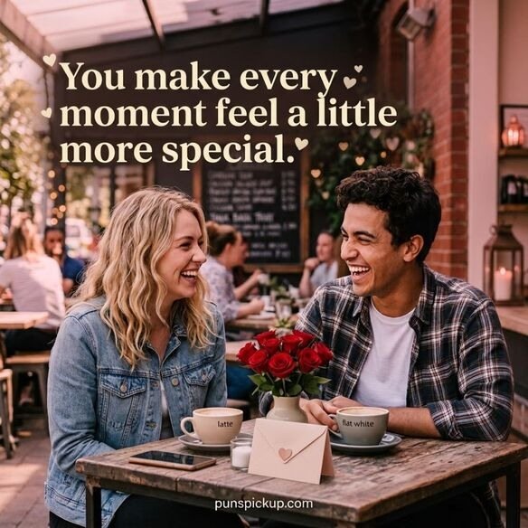 Valentine’s kissing rizz lines featuring roses, coffee cups, a romantic card, and elegant typography in a warm setting.