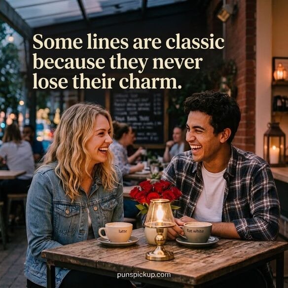 Famous kissing pickup lines presented with a sophisticated café setting, warm city lights, and classic flirty typography.
