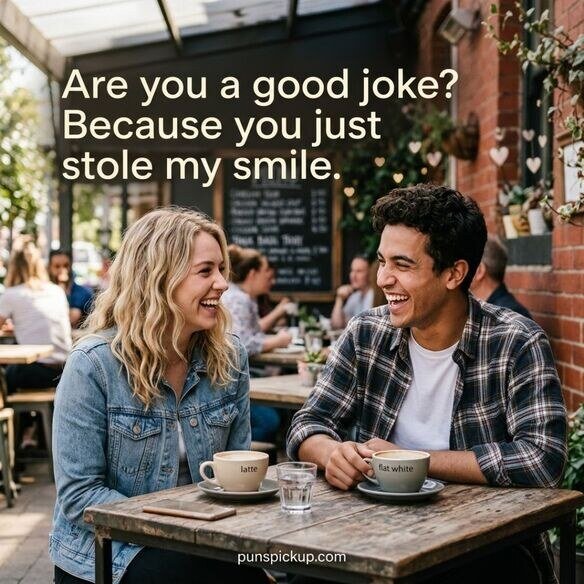 Short funny kissing rizz lines with a playful café scene, smiling people, and a humorous flirty saying in elegant typography.