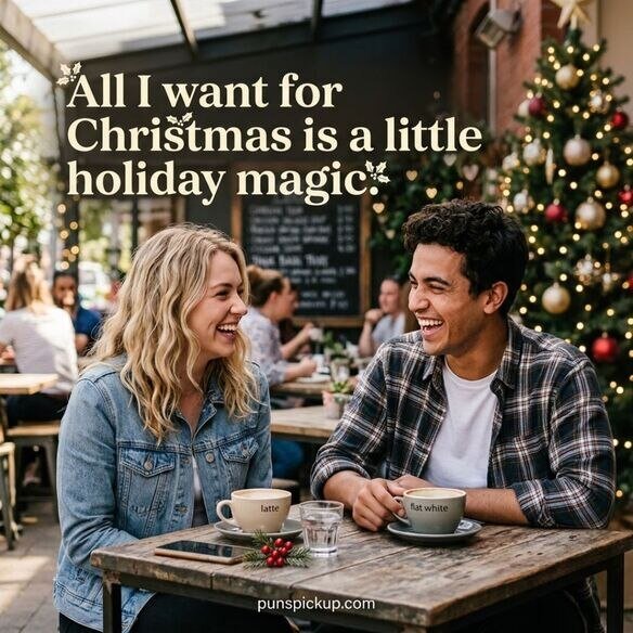 Christmas kissing rizz lines shown in a cozy holiday café with Christmas lights, warm mugs, and elegant festive typography.