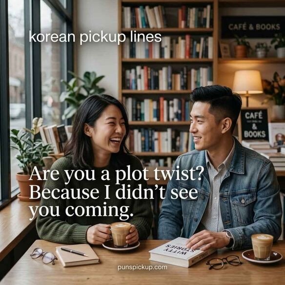 Clever korean pickup lines featuring two Korean adults sharing a witty moment in a stylish bookstore café with a playful plot-twist pickup line.