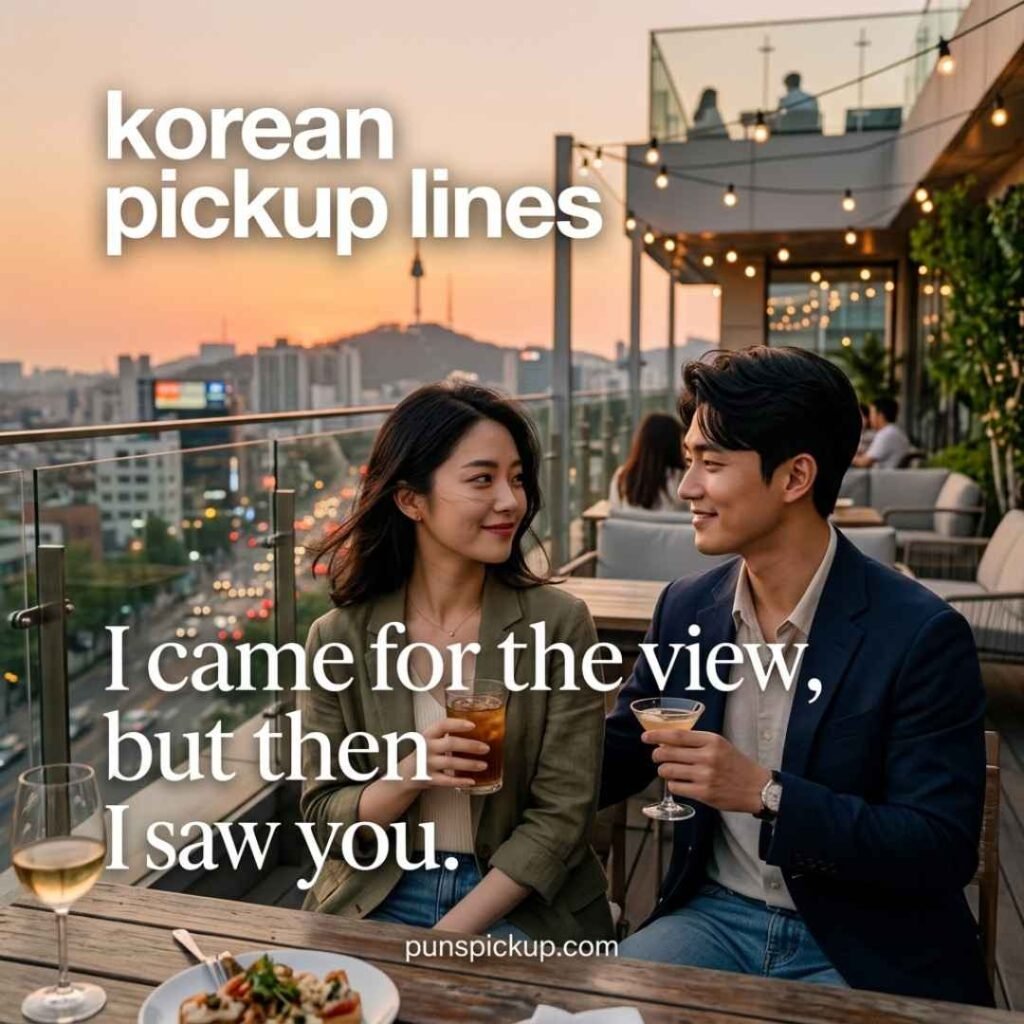 Flirty korean pickup lines featuring a stylish Korean couple exchanging a playful glance at a Seoul rooftop café during sunset.