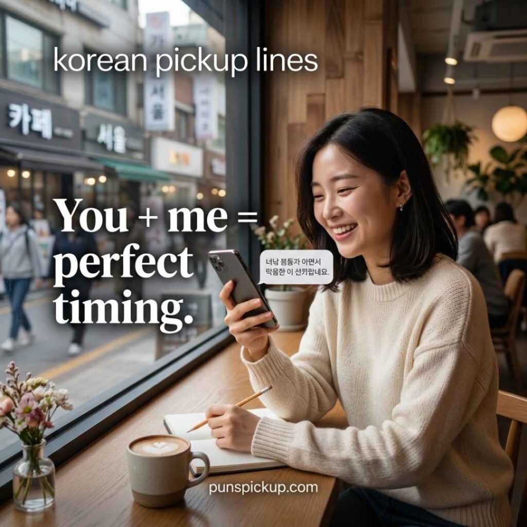 Short Korean pickup lines for quick replies, showing a Korean person smiling at a smartphone with a concise romantic message.