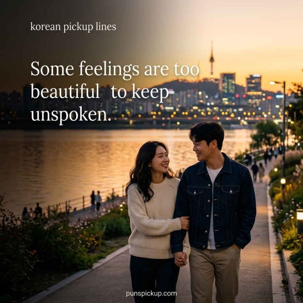 Romantic Korean pickup lines featuring a Korean couple walking beside the Han River at sunset with a heartfelt message about deeper feelings.