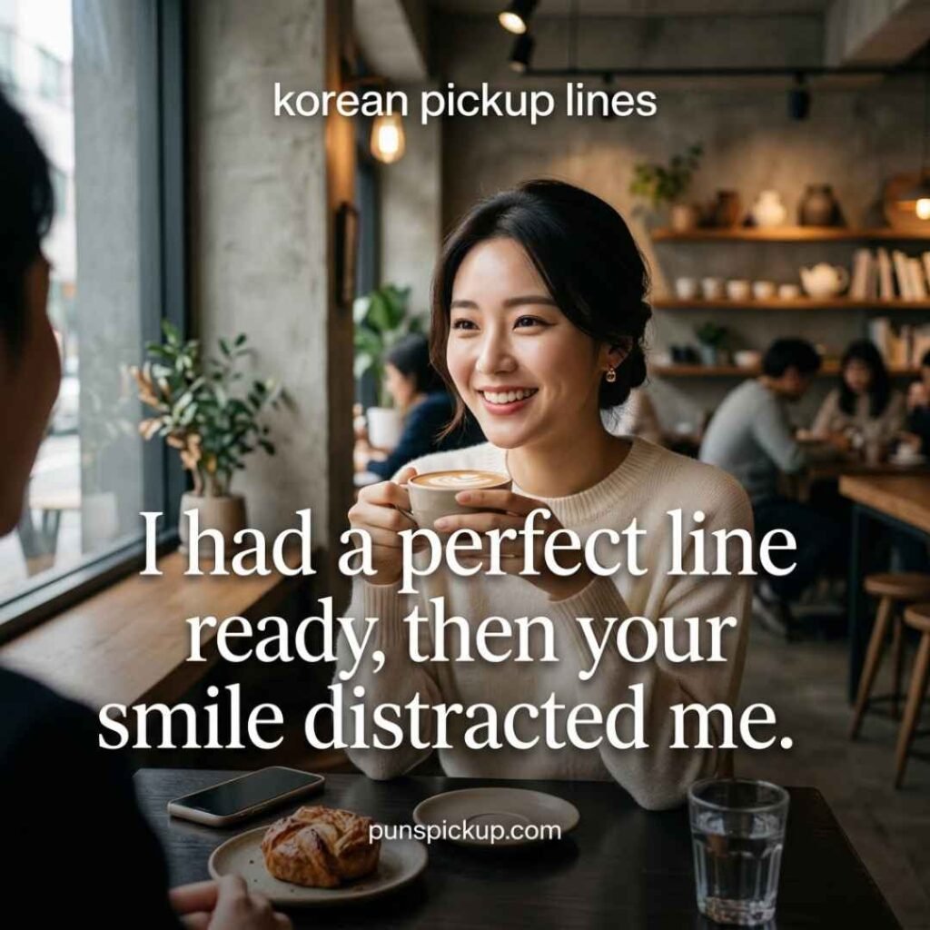 Smooth korean pickup lines shown with a confident Korean adult delivering a charming pickup line in an elegant Seoul café.