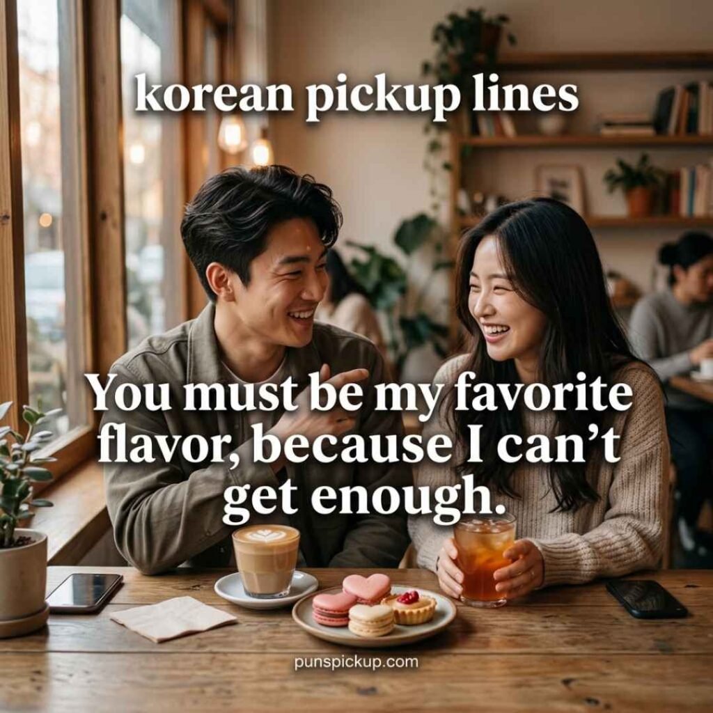 Cheesy Korean pickup lines with a smiling Korean couple enjoying heart-shaped desserts at a cozy café and sharing a playful romantic message.