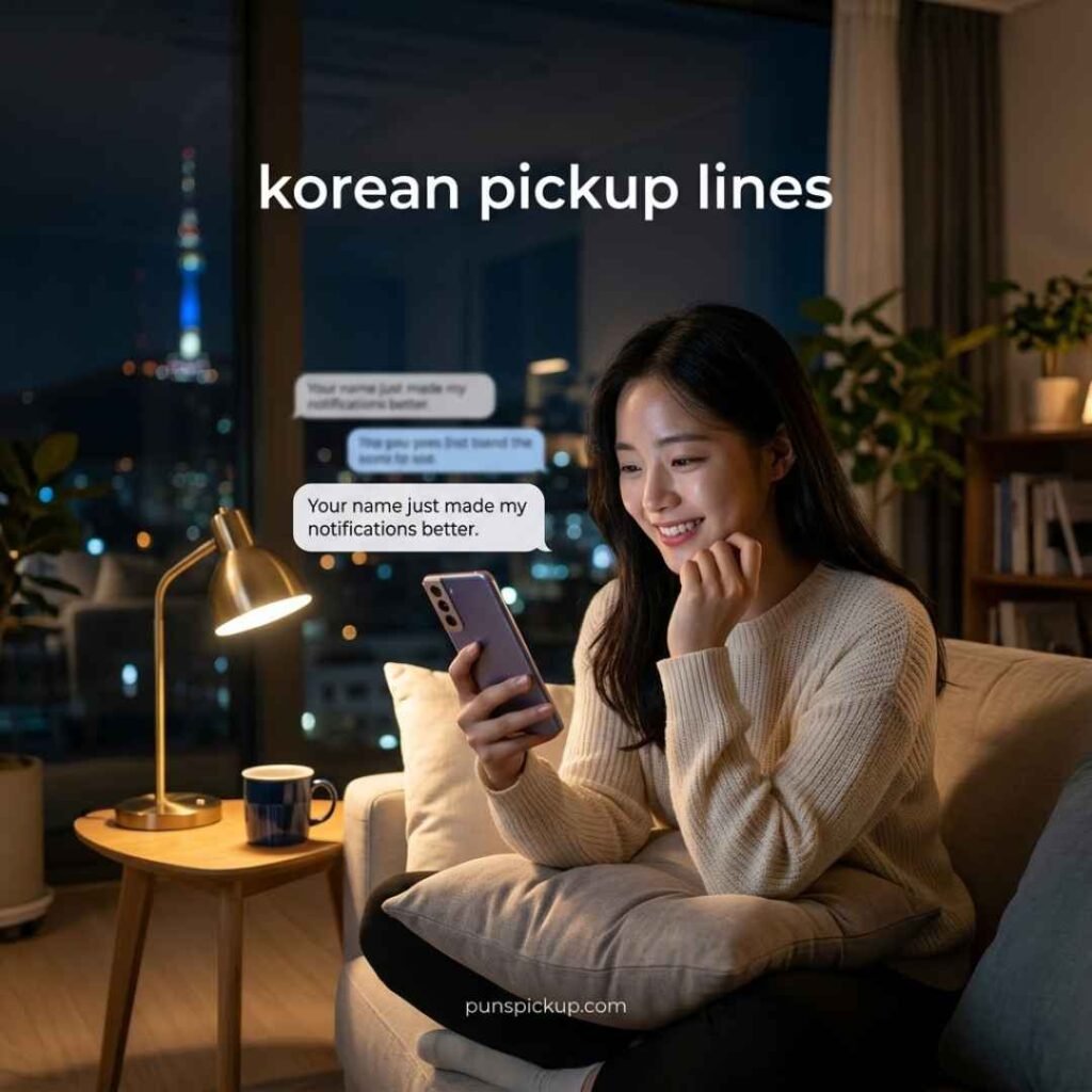 Korean pickup lines for text messages and dating apps, showing a Korean person smiling at a smartphone with a charming notification-themed pickup line.