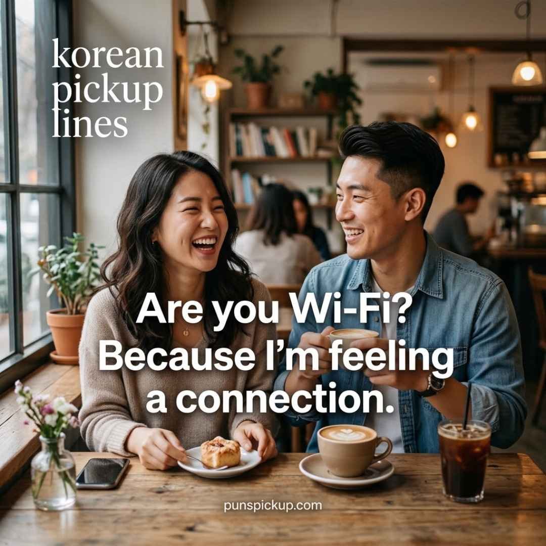 korean pickup lines featuring a laughing Korean couple enjoying a playful café moment with the funny pickup line “Are you Wi-Fi? Because I’m feeling a connection.”