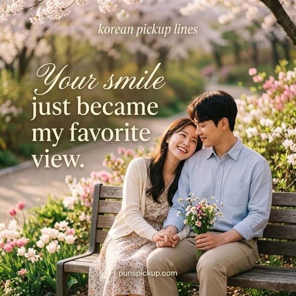 Cute korean pickup lines with a smiling Korean couple in a peaceful spring park and the sweet message “Your smile just became my favorite view.”